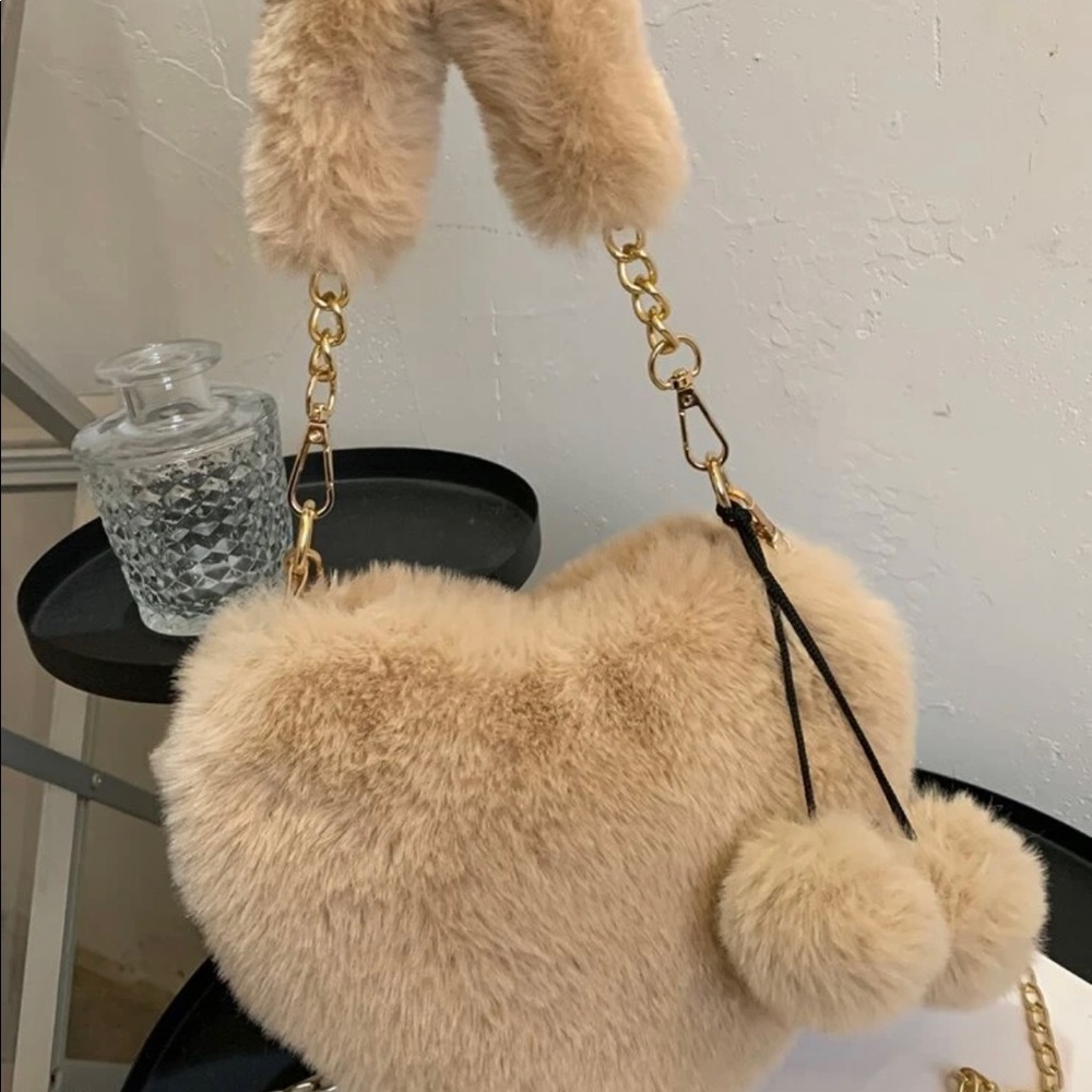 Fluffy Tan Heart-Shaped Purse
